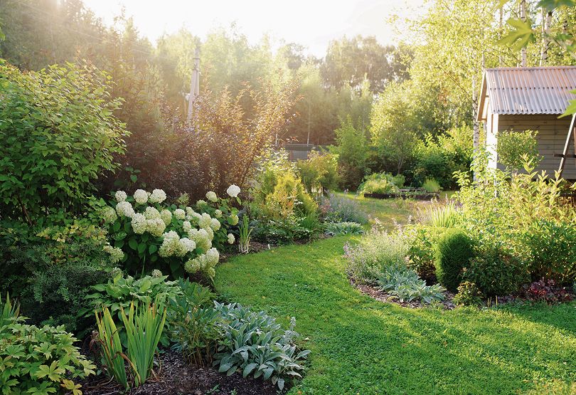 Ein idyllischer Garten mit Laube bei Sonnenschein.